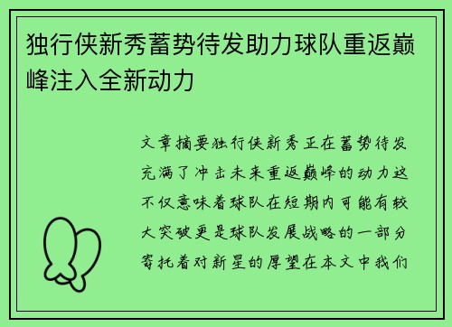 独行侠新秀蓄势待发助力球队重返巅峰注入全新动力