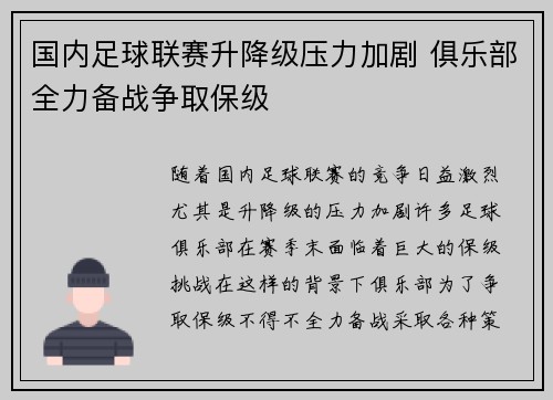 国内足球联赛升降级压力加剧 俱乐部全力备战争取保级