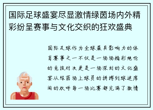 国际足球盛宴尽显激情绿茵场内外精彩纷呈赛事与文化交织的狂欢盛典