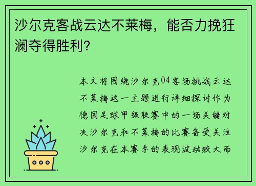 沙尔克客战云达不莱梅，能否力挽狂澜夺得胜利？