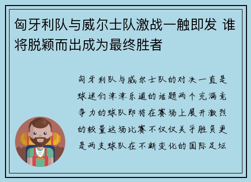 匈牙利队与威尔士队激战一触即发 谁将脱颖而出成为最终胜者