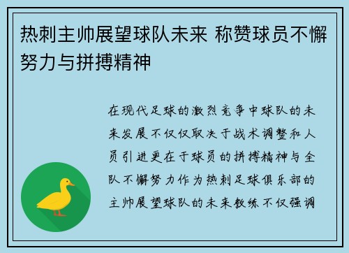 热刺主帅展望球队未来 称赞球员不懈努力与拼搏精神